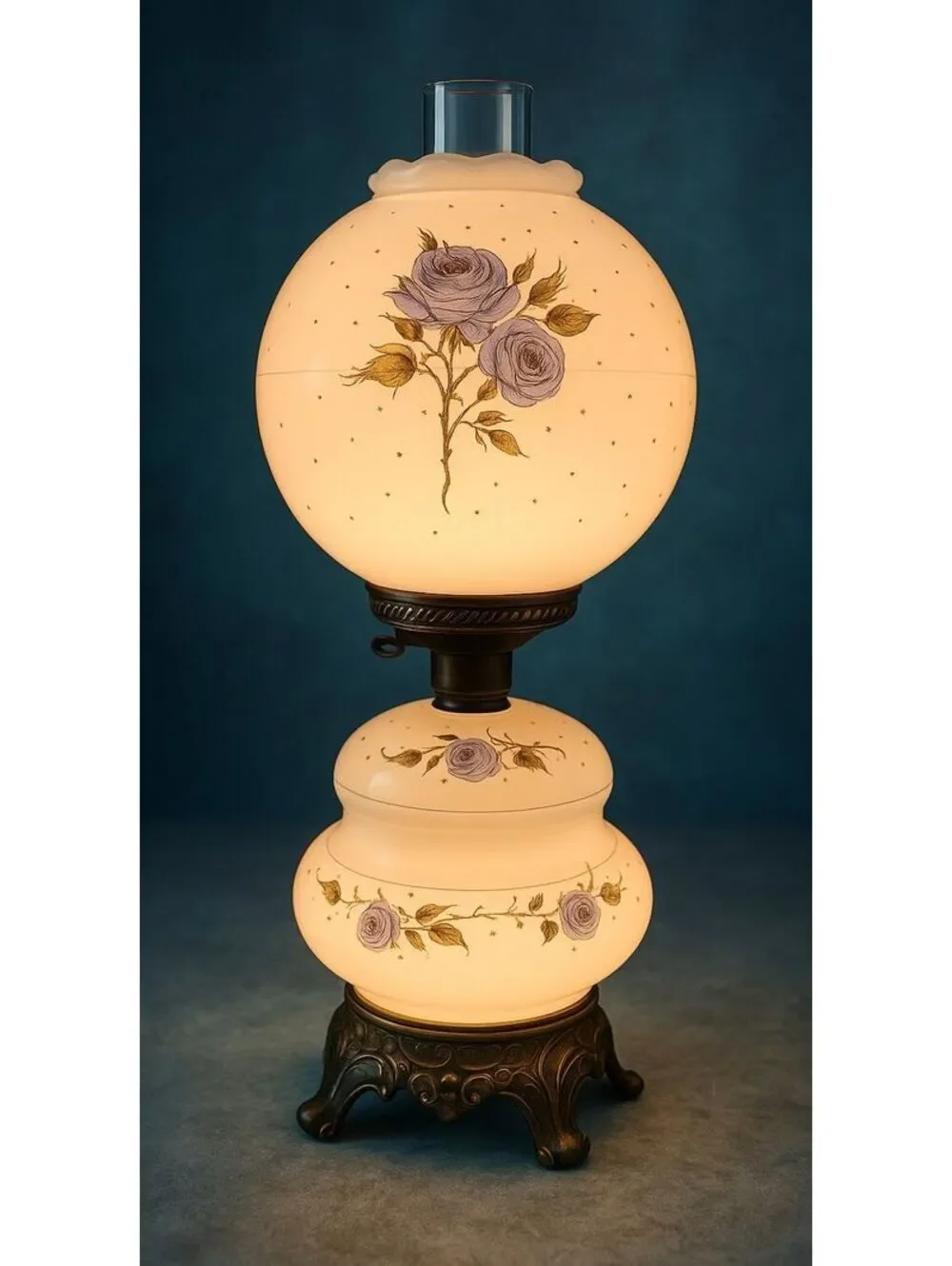 Vintage Gone With the Wind Hurricane Lamp Blue Roses 3-Way Satin Glass 21